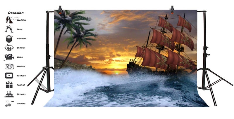AOFOTO 5x3ft Pirate Party Backdrop Background for Photography Vintage Corsair Pirate Sailing Ship Roaring Sea Waves Ocean Island Nautical Adventure Backdrop Decorations Boys Birthday Photo Props - Image 3